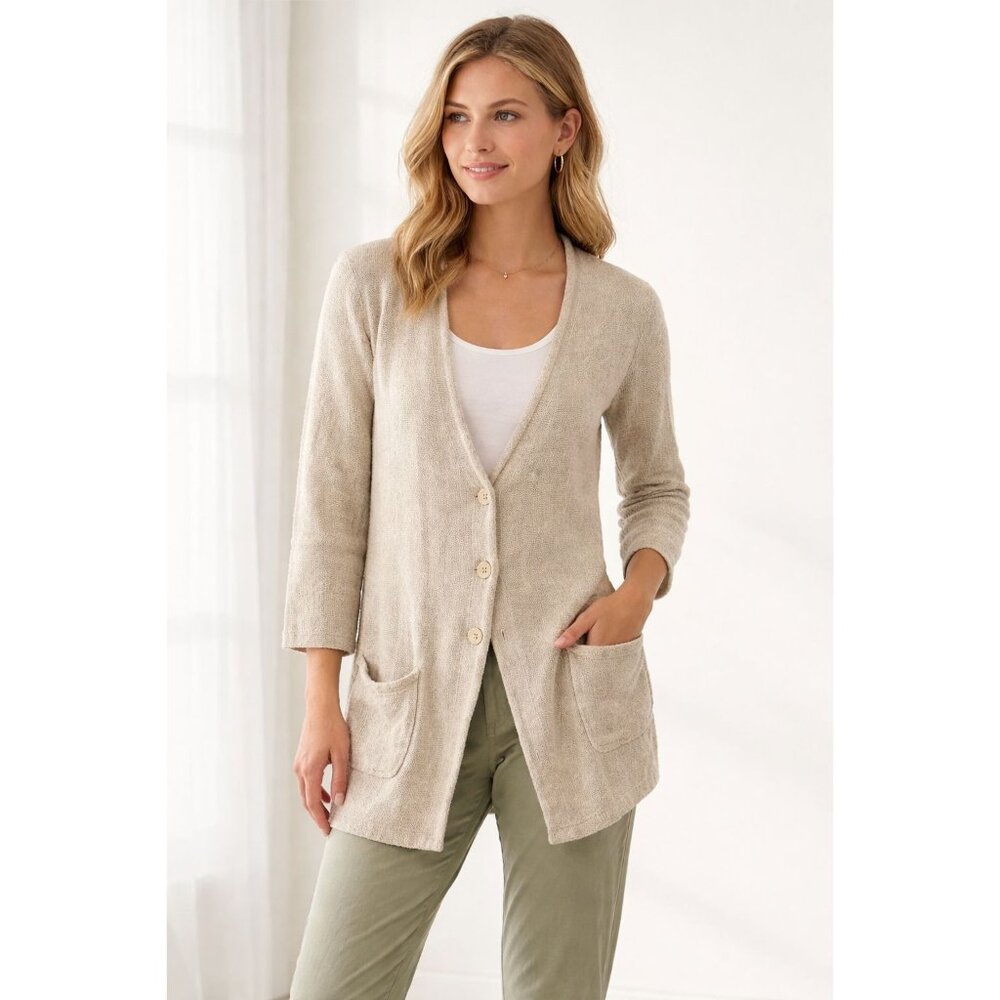 Habitat Beige Linen Long Line Lone Sleeve Cardigan with Pockets Size S Lagenlook